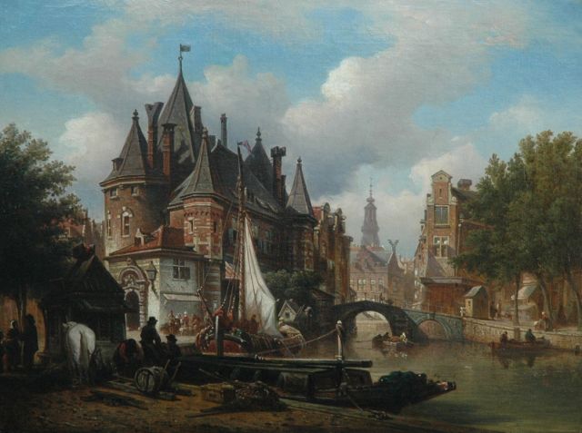 Bommel E.P. van | A Dutch town view with De Waag, Amsterdam and the Zuiderkerkstoren, oil on canvas laid down on board 45.8 x 60.5 cm, signed r.o.t.c.