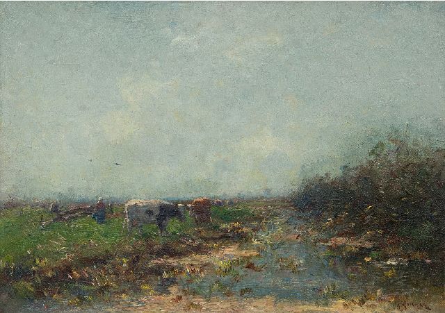 Knikker A.  | Milking time, oil on canvas 30.8 x 43.5 cm, signed l.r.