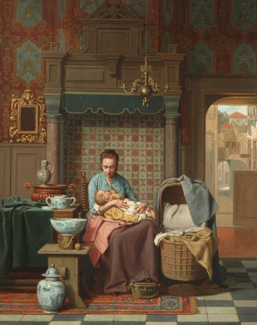 Grips C.J.  | A Dutch interior with mother and child, oil on panel 44.4 x 34.8 cm, signed l.r. and dated 1876