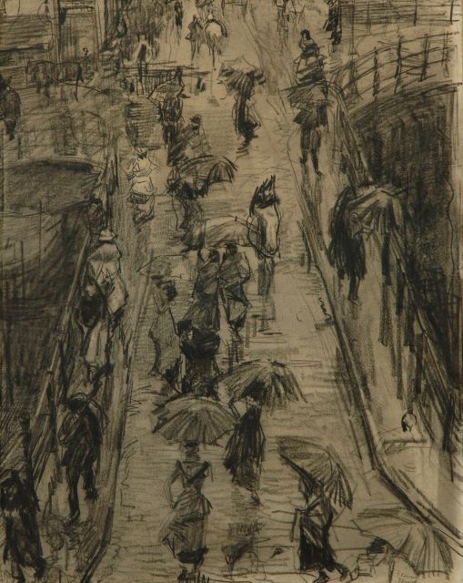 Isaac Israels | Through the Rain; the Leliegracht in Amsterdam, charcoal and chalk on paper, 62.0 x 47.5 cm, signed l.r. en verso and Executed ca. 1890-1894