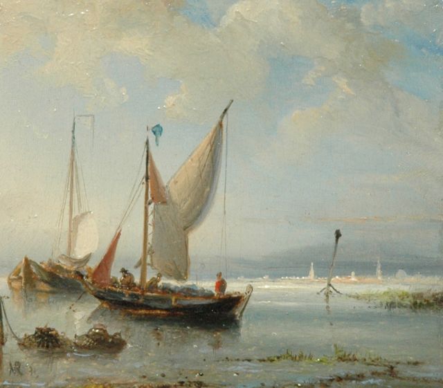 Nicolaas Riegen | Fishing boats on calm water, oil on panel, 9.2 x 10.2 cm, signed l.l. with initials and dated '71