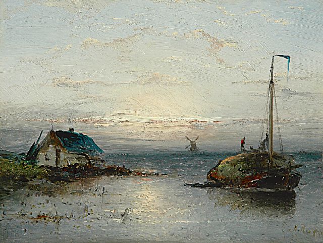 Riegen N.  | A hay ship at sunset, oil on panel 15.4 x 21.1 cm, signed l.r.