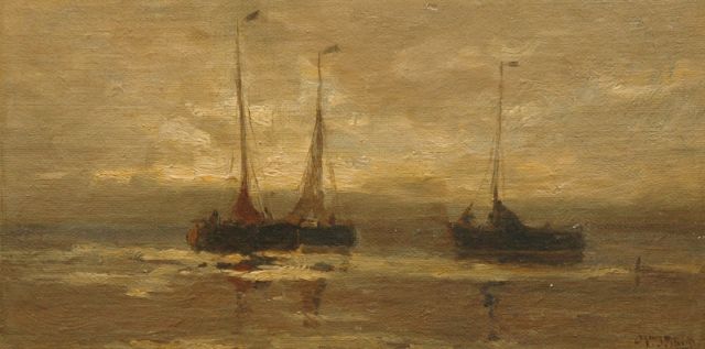 Willem Johannes Schütz | Two fishing boats at night, Zeeland, oil on canvas laid down on panel, 13.7 x 26.7 cm, signed l.r.