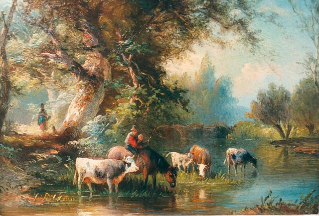 Prooijen A.J. van | Cattle watering, oil on panel 15.5 x 21.7 cm, signed l.l.