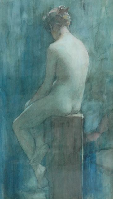 Waay N. van der | A young model, chalk and watercolour on paper 62.8 x 37.1 cm, gesigneerd l.o. (vaag)