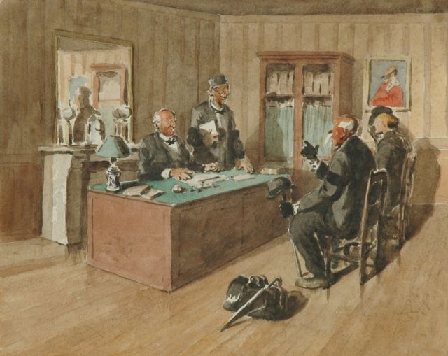 Auguste Lucien Bognard | At the notary, watercolour on paper, 35.9 x 44.8 cm, signed l.r. and dated '50