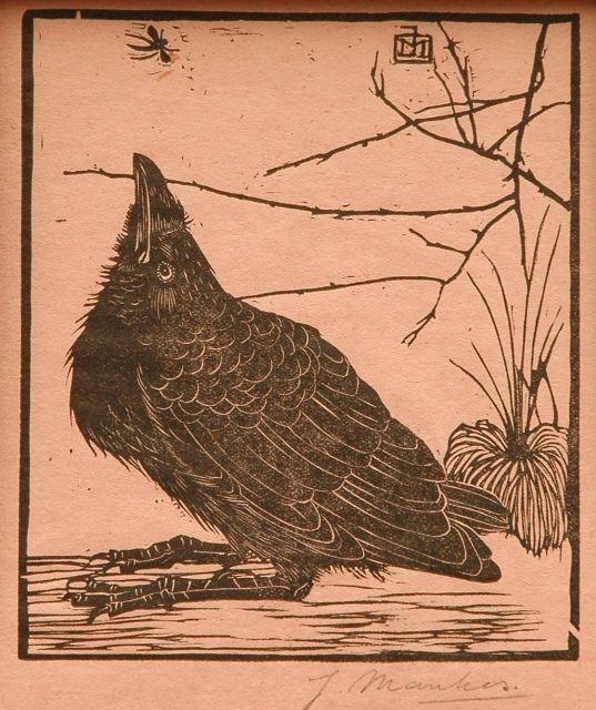 Mankes J.  | A crow, watching a mosquito, woodcut on coloured Japanese paper 11.8 x 10.2 cm, signed with mon.in the block and l.r. in full (in pencil) and executed in 1918