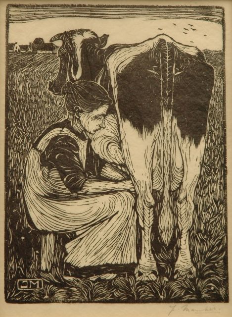 Mankes J.  | Milking a cow, woodcut on Chinese paper 19.2 x 14.5 cm, signed with mon. in the bloc and l.r. in full (in pencil) and executed in 1914