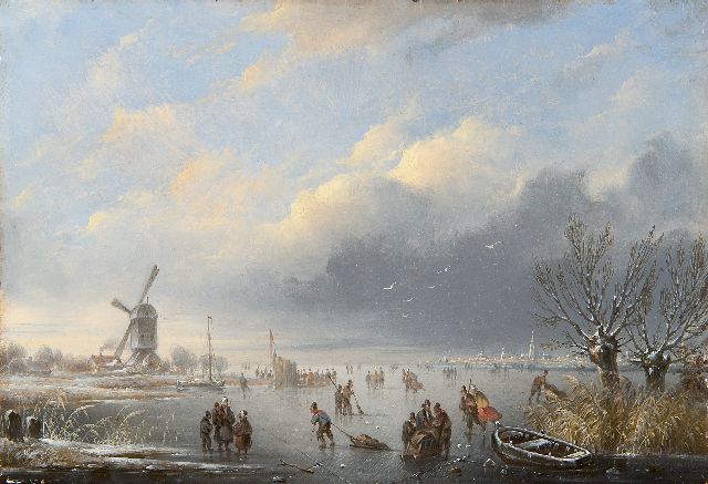 Hendriks G.  | A winter landscape with skaters, oil on panel 19.3 x 27.8 cm