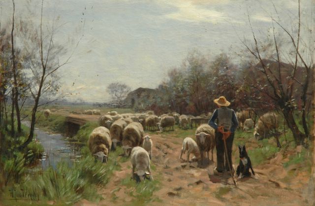 Weele H.J. van der | Shepherd with his sheep, oil on canvas 58.1 x 86.5 cm, signed l.l.