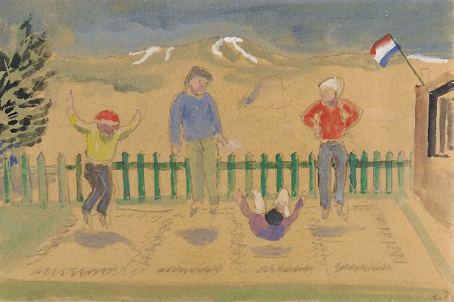 Kamerlingh Onnes H.H.  | On the trampoline, Terschelling, pen, ink and watercolour on paper 19.4 x 29.7 cm, signed l.r. with monogram and dated '71