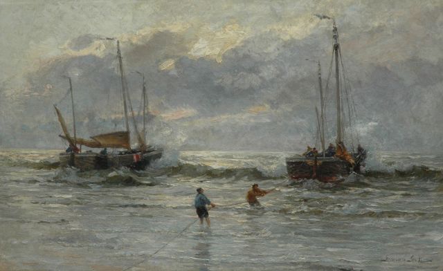 Grobe P.G.  | The arrival of the fishing fleet, Katwijk, oil on canvas 82.2 x 130.4 cm, signed l.r.