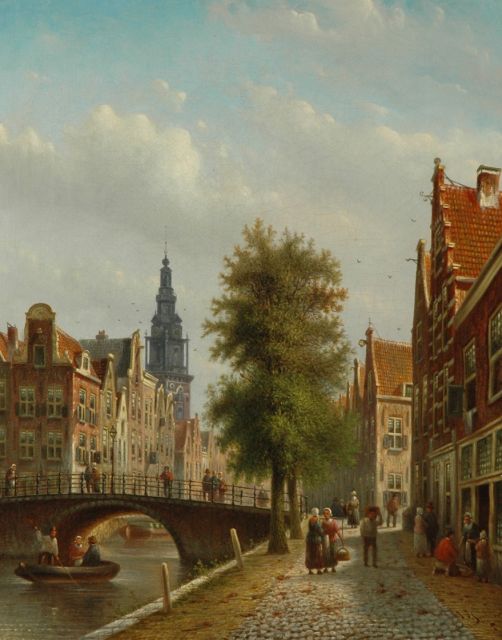 Spohler J.F.  | A dutch town view with the Amsterdamse Zuiderkerk, oil on canvas 43.7 x 35.0 cm, signed l.r.