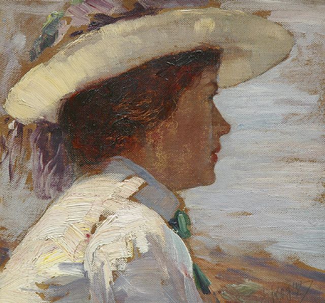 Rogge A.  | Lady with hat looking out over the sea, oil on board 23.9 x 25.0 cm, signed l.r.