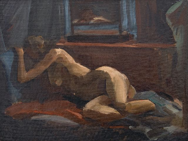 Paul Maze | Reclining nude and voyeur, oil on canvas laid down on board, 27.0 x 34.8 cm