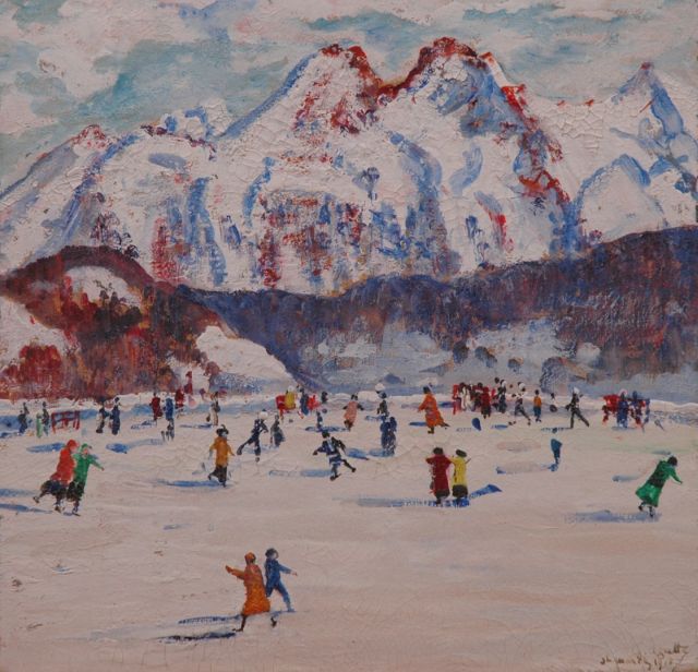 Georgette Agutte | Skating at St. Moritz, gouache on board, 23.5 x 24.3 cm, signed l.r. and dated 'St. Moritz 1918'