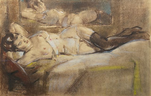 Meegeren H.A. van | Reclining nude in front of a mirror, pastel on paper 61.0 x 95.0 cm, signed l.l.