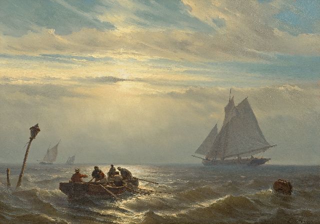 Meijer J.H.L.  | Vessels in open sea at sunset, oil on panel 30.7 x 42.1 cm, signed l.r.