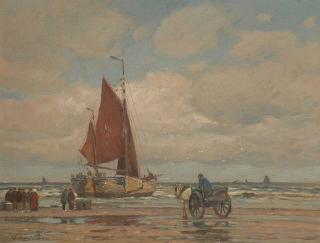 Wilhem Hambüchen | Moored fishing boat on the beach of Katwijk, oil on canvas, 62.5 x 81.5 cm, signed l.l.