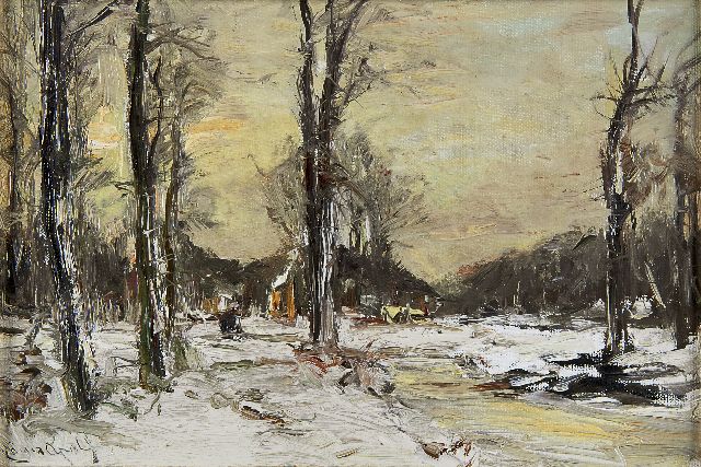 Apol L.F.H.  | A winter landscape with farm, oil on canvas laid down on panel 23.4 x 34.1 cm, signed l.l.