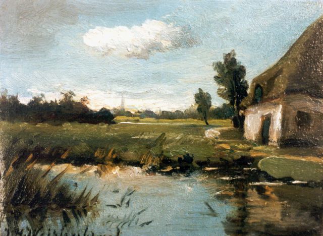 Jan Hendrik Weissenbruch | A view of a pond by a farm, oil on panel, 7.0 x 9.2 cm, signed l.l.