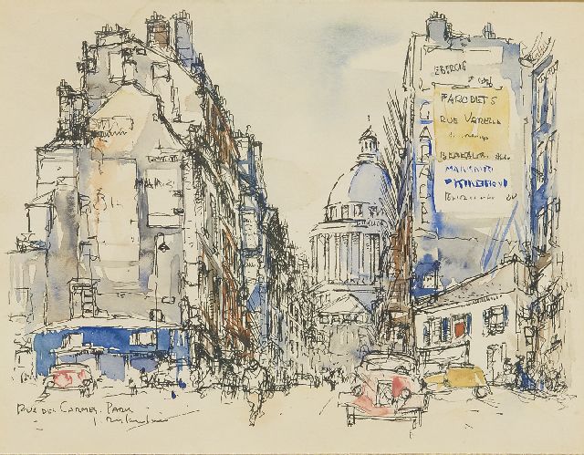 Jan Rijlaarsdam | The Rue des Carmes, Paris, with a Citroën Traction Avant, pen, ink and watercolour on paper, 18.9 x 24.2 cm, signed l.l. and executed in the 1950s