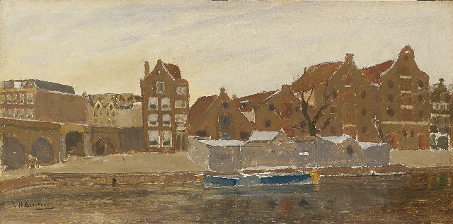 Breitner G.H.  | The view from the painter’s studio on the Bickers island, Amsterdam, oil sketch on panel 22.2 x 45.3 cm, signed l.l. and painted ca. 1902-1905