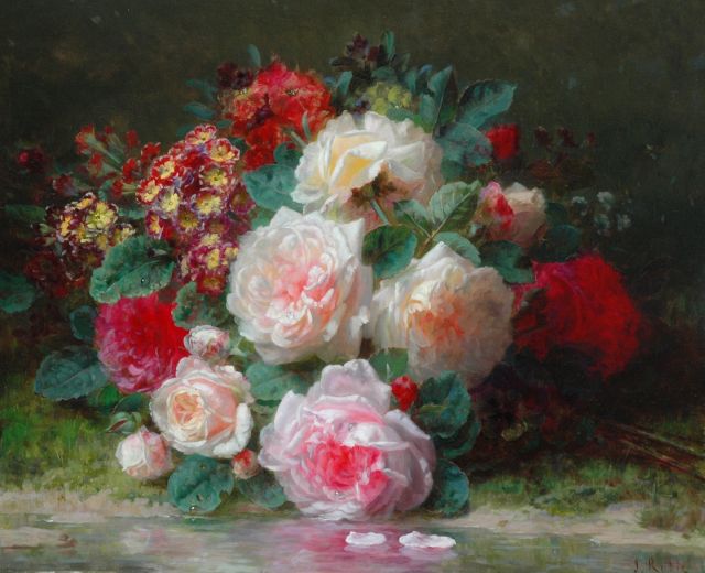 Jean-Baptiste Robie | Flower stillife with roses and primroses, oil on panel, 39.8 x 48.1 cm, signed l.r.