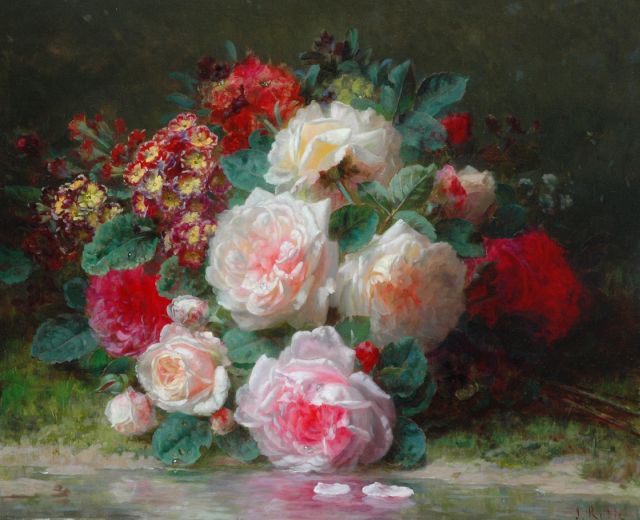 Robie J.B.  | Flower stillife with roses and primroses, oil on panel 39.8 x 48.1 cm, signed l.r.