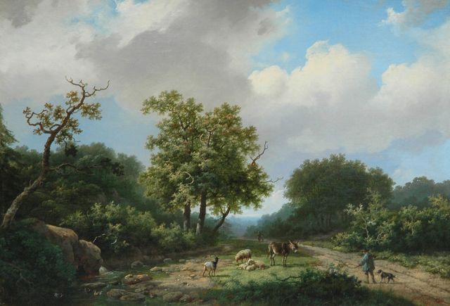 Koekkoek I M.A.  | A wooded landscape with shepherd and cattle, oil on canvas 43.1 x 62.1 cm, signed l.r. and painted 1855