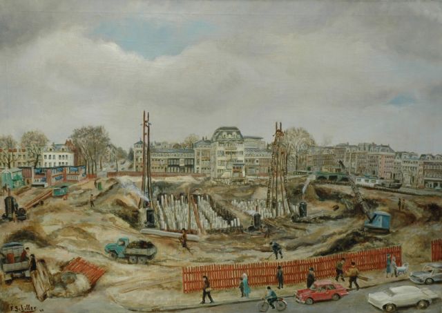 Frits Schiller | The building site of the Nederlandse Bank, Frederiksplein, Amsterdam, oil on canvas, 85.0 x 119.0 cm, signed l.l. and dated '62