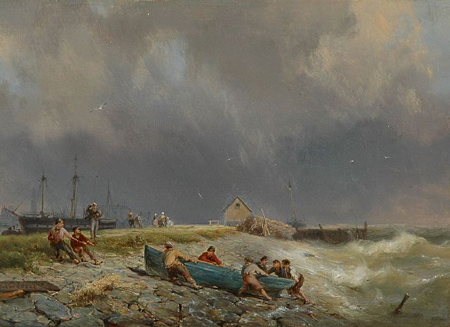 Hermanus Koekkoek | bringing in the fishing boat, oil on panel, 19.1 x 26.2 cm, signed l.l.