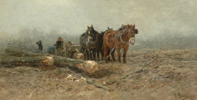 Mauve A.  | Timber wagon with horses, oil on canvas 106.6 x 205.8 cm, signed l.r. and dated '77