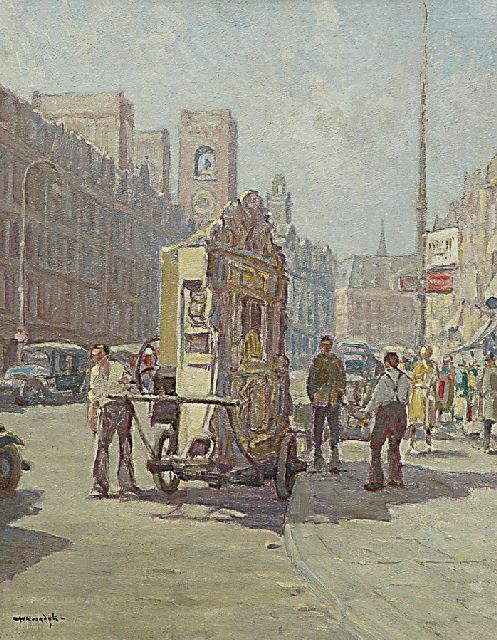 Willem Noordijk | Organ grinder on the Damrak, Amsterdam, oil on canvas, 50.3 x 40.0 cm, signed l.l.