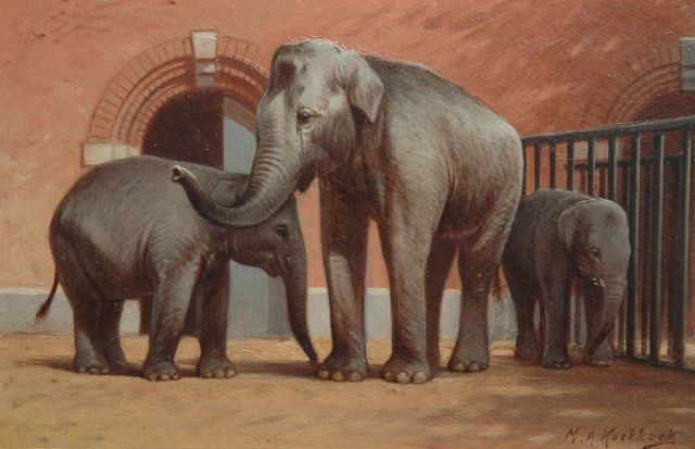 Koekkoek II M.A.  | Elephants in the Amsterdam zoo, oil on paper laid down on board 16.6 x 25.4 cm, signed l.r.