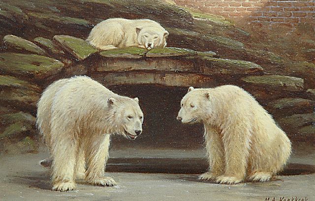 Koekkoek II M.A.  | Polar bears in the Amsterdam zoo, oil on paper laid down on board 16.6 x 25.2 cm, signed l.r. and VERKOCHT