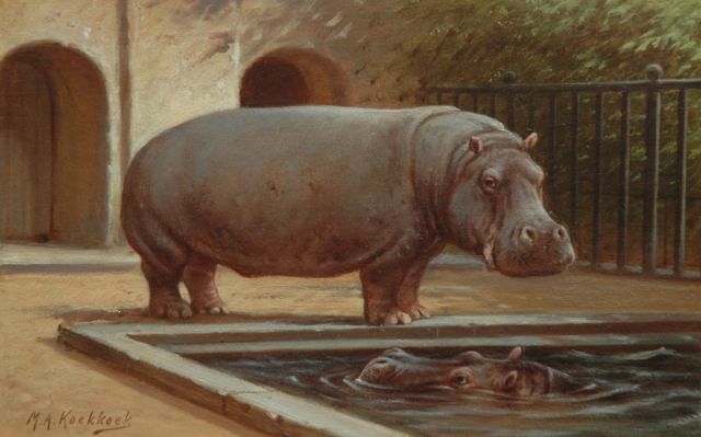 Marinus Adrianus Koekkoek II | Two hippopotamus in the Amsterdam zoo, oil on paper laid down on board, 16.4 x 25.3 cm, signed l.l.