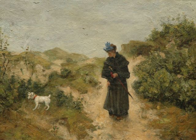 Robert Ives Browne | Walking the dog, oil on canvas laid down on board, 31.7 x 44.0 cm, signed l.r.