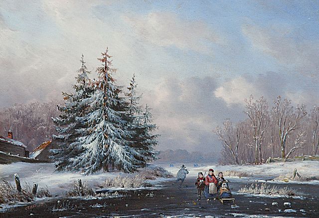 Carl Eduard Ahrendts | A snowy landscape with skaters and a sledge, oil on panel, 18.2 x 25.9 cm, signed l.l.