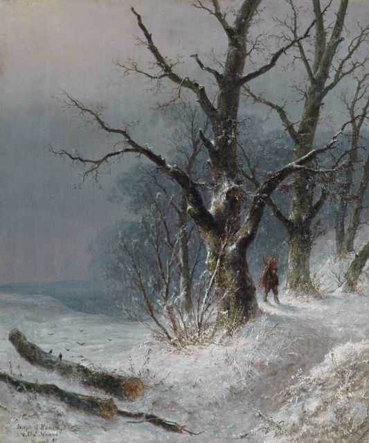 J.G. Hans | A wood-gatherer in a snowy forest, oil on canvas, 55.3 x 46.2 cm, signed l.l. and dated '87