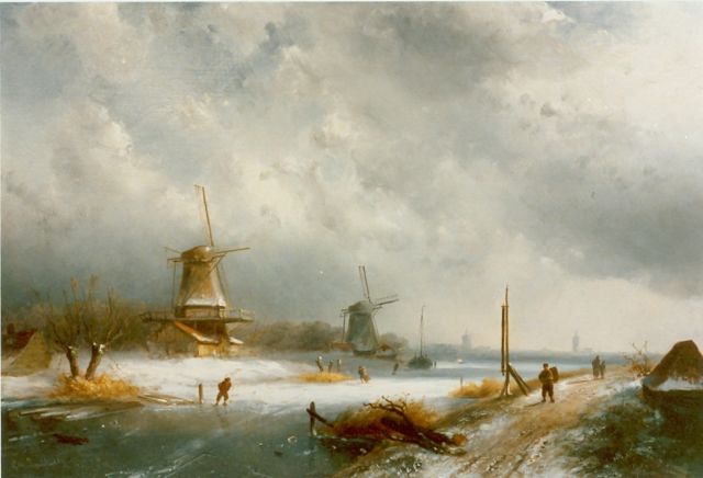 Charles Leickert | Dutch winterlandscape with skaters, oil on panel, 29.6 x 47.8 cm, signed l.r.