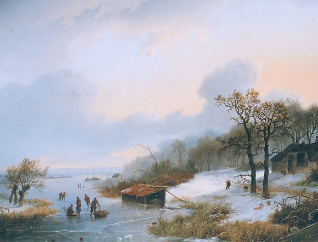 Koekkoek I M.A.  | Winter landscape with skaters on a frozen river, oil on panel 28.2 x 36.0 cm, signed l.r. and dated 1842