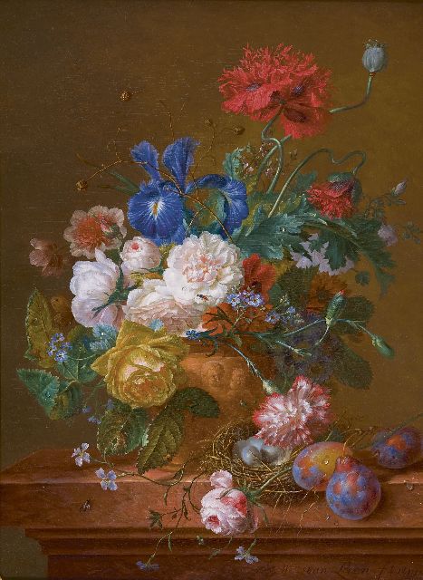 Leen W. van | A still life with flowers and a bird's nest, oil on panel 56.9 x 41.6 cm, signed l.r. and dated 1819