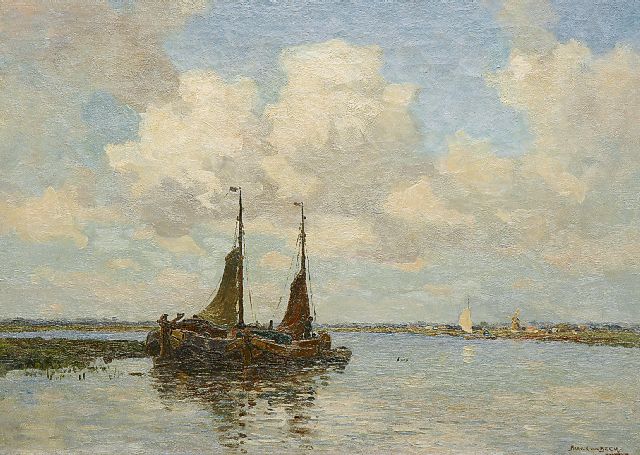 Beek B.A. van | Moored sailingships on the Wijde Blick near Kortenhoef, oil on canvas 50.3 x 70.2 cm, signed l.r.