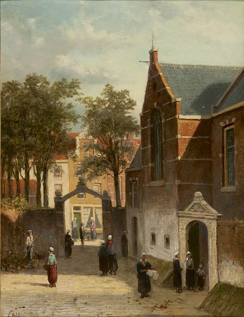 Johannes Frederik Hulk | A lively Dutch village square, oil on panel, 46.0 x 35.4 cm, signed l.l.