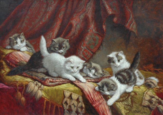 Raaphorst C.  | Six playing kittens on a pillow, oil on canvas 50.3 x 70.4 cm, signed l.r.