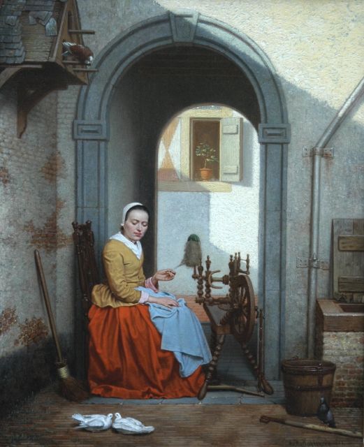 Heijligers A.F.  | Young woman at the spinning wheel, oil on panel 29.0 x 23.0 cm, signed l.r.