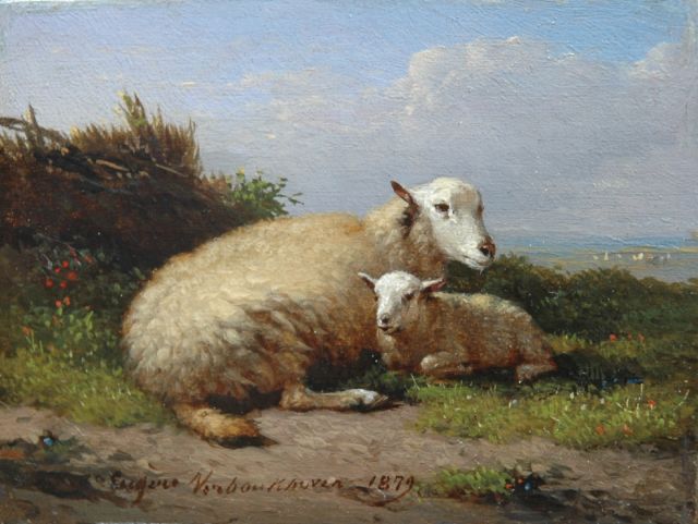 Verboeckhoven E.J.  | A sheep with its lamb, oil on panel 6.9 x 9.2 cm, signed l.c. and painted 1879