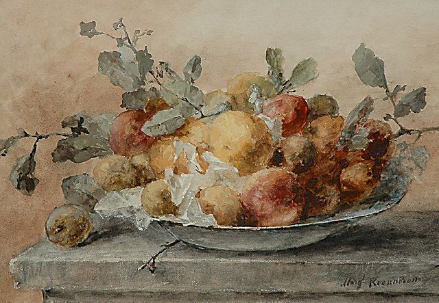 Roosenboom M.C.J.W.H.  | A still life with fruit and twigs on a plate, watercolour and gouache on paper 46.6 x 66.3 cm, signed l.r.