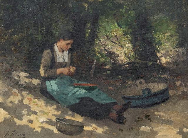 Weiland J.  | Peeling potatoes, oil on canvas 40.3 x 55.4 cm, signed l.l.